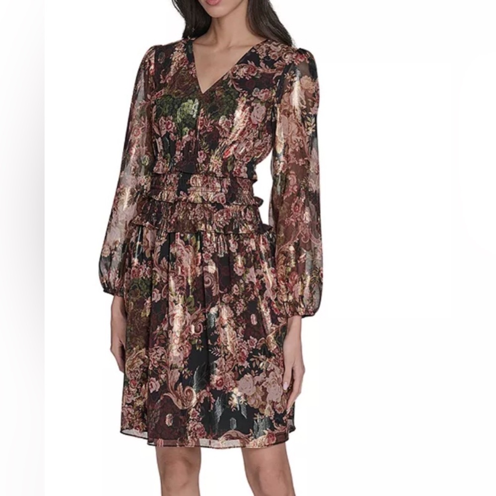Eliza J Black Floral Metallic V-Neck Long Sleeve Ruffle Waist Dress Size 6